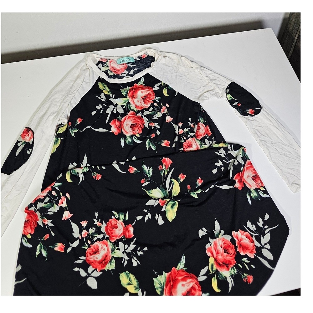 Filly Flair Womens Floral Rose Print Black White Raglan Sleeve Swing Dress XL